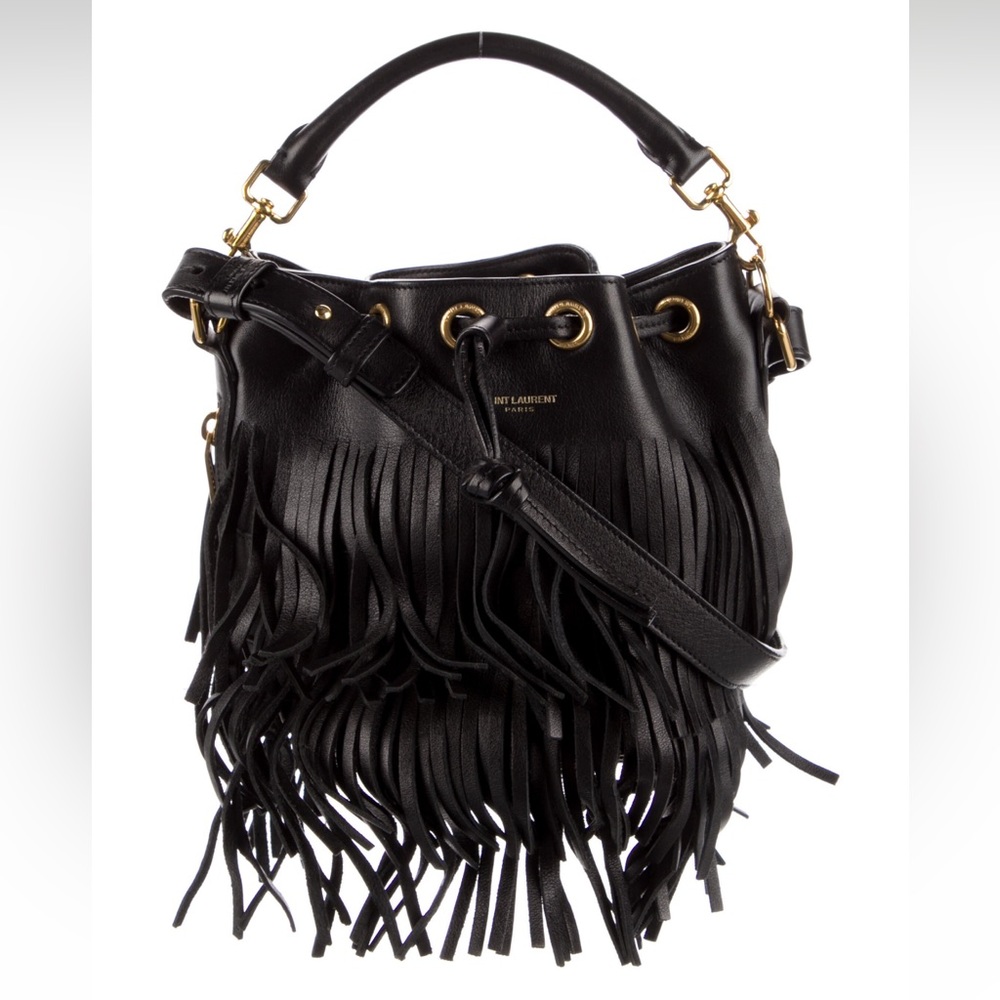 SAINT LAURENT SMALL EMMANUELLE BLACK LEATHER FRINGE BUCKET CROSSBODY BAG